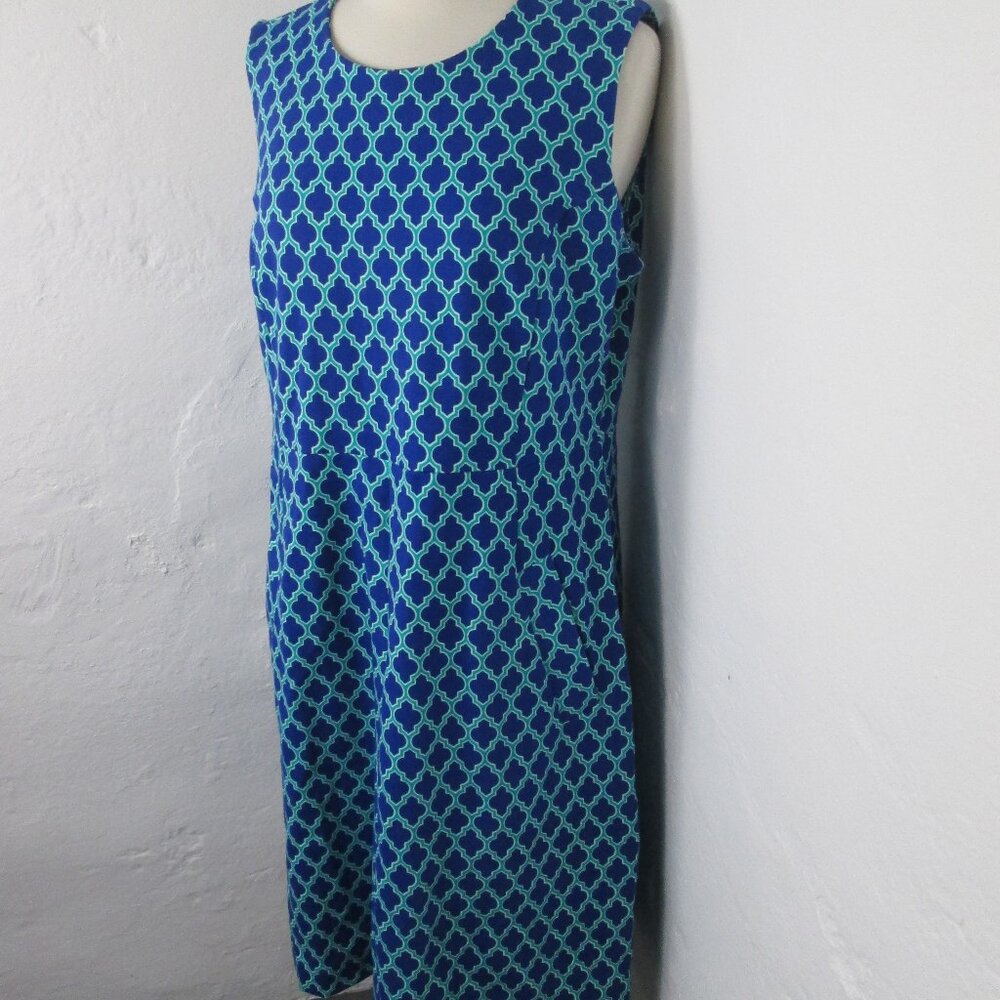 NEW Lands' End Women's Blue Green Geometric Print Sleeveless Ponte Knit Dress